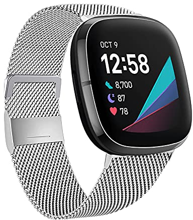 Moydolo Kompatibel mit Fitbit Versa 3 und Sense Armband - Edelstahl Metall Ersatzband für Damen und Herren - Klein, Silber