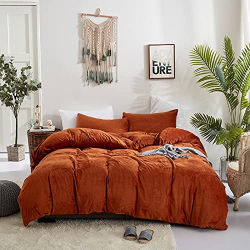 Houseri Rost-Samt-Bettbezug, King-Size-Bett, gebranntes Orange, Flauschige Bettbezüge, Terrakotta, Flauschiges Flanell-Bettwäsche-Sets, Steppdecke, warme Plüsch-Bettwäsche, Bezug für King-Size-Bett