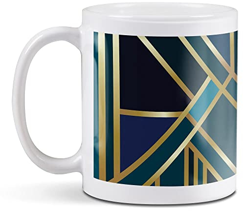 1 x 11oz (284ml) White Ceramic Mug Cup - Green Gold Art Deco Geometric Design for Coffee Tea Drinks Kitchen Birthday Office Fun #12546