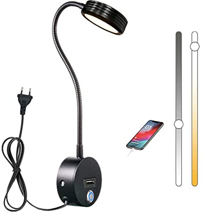 LYTLM LED Lampe de Lecture Chevet Murale, Applique avec Port USB et Tactile Interrupteur, 5W Lampe à Col de Cygne Flexible Chambre, Enfants Intérieure Dimmable Liseuse avec Prise 2700K-6500K (Noir)