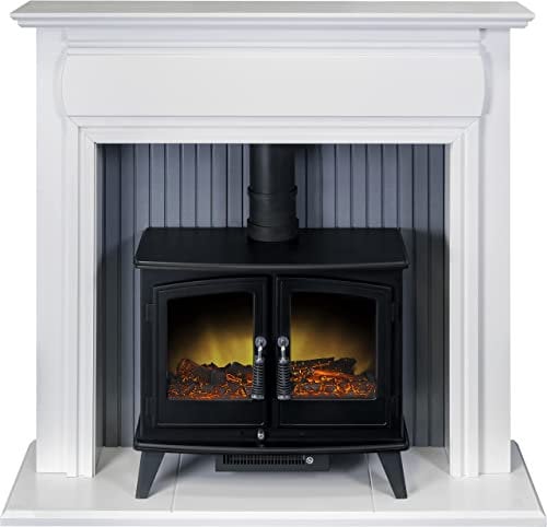 Adam Florence Stove Fireplace in Pure White with Woodhouse Electric Stove in Black, 48 Inch