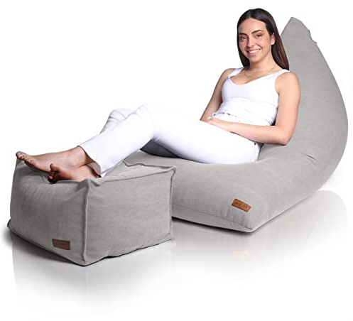 Aiire Modern Sitzsack mit Hocker XXL Design - Riesen Bean Bag + Pouf Flauschig mit Füllung für Jungen und Kinder - Sitz Sack Sofa mit Lehne - Fußhocker Fußkissen Bodenkissen und Liege Grau
