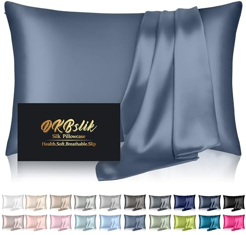 Silk Pillowcase for Hair and Skin, Mulberry Silk Pillow Cases Standard Size, Anti Acne Cooling Sleep Both Sides Natural Silk Satin Pillow Covers with Hidden Zipper, Gifts for Women Men, Ash Blue