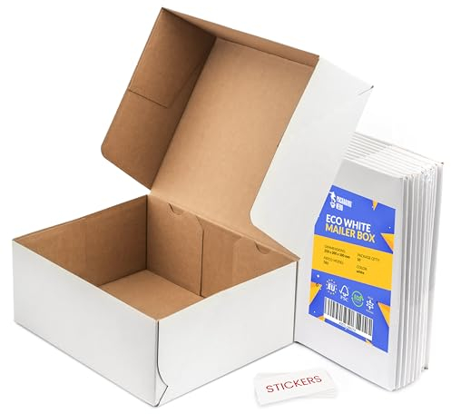 Packaging Hero 25 x 20 X 10 cm (aprox. 10 x 8 x 4) White Corrugated Cardboard Mailing Boxes, gift boxes, e-commerce box with free clear round stickers (10 pack)