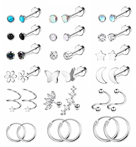 FIOROYAL 18 Paar Piercing Ohr 18G Helix Piercings Chirurgenstahl für Damen Stern Mond Opal Medizinische Ohrstecker Kleine Creolen Knorpel Ohrringe Helix Tragus Piercing Set Silber