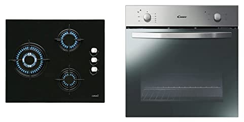 Cata Placa Cristal Gas, Modelo CIB 6021 BK, 3 Fuegos, Ancho 59 cm, Encimera de Gas Butano, Acabado en Cristal Negro & Candy Horno-INDP FIDCPX200 INOX ESTATICO A