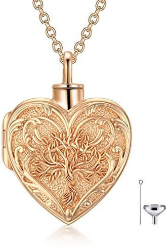 SOULMEET Rose Gold Filled Tree of Life Cremation Jewelry for Ashes, Heart Branches Tree Urn Locket Necklace that Holds Human Dog Cat Ashes, Putting Ashes in with 20'' Real Gold Chain