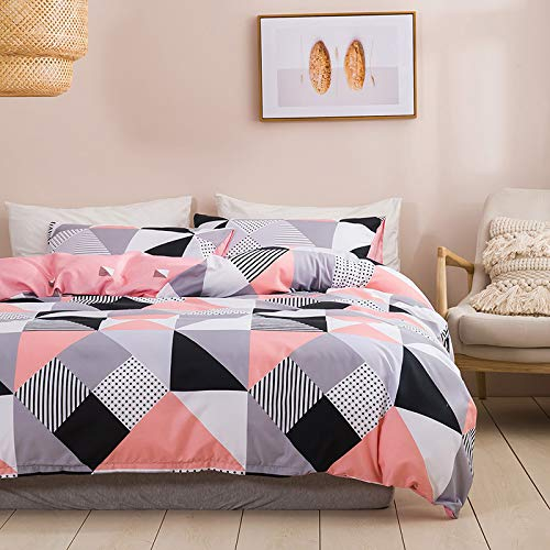 WUMIUER Geometrische Bettwäsche 240x220 Set 3 Teilig - Rosa Schwarz Grau Karo Dreieck Muster Wendebettwäsche, 1 Bettbezug 240x220cm und 2 Kissenbezüge 80x80cm aus Leicht Weich Mikrofaser