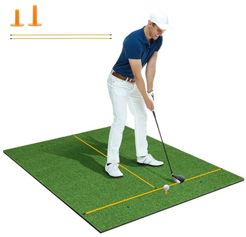 COSTWAY Golf Hitting Mat, 5 x 4 FT Artificial Turf Mat with 2 Rubber Tees and 2 Alignment Sticks, Golf Training Mat for Home Backyard Garage(27mm thick)