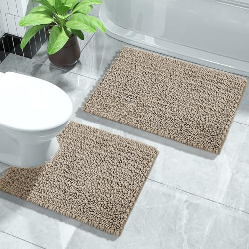 Yimobra Badezimmerteppich Set 2 Teilig, Chenille, rutschfeste Badematte - Luxuriöser Komfort für Ihr Badezimmer, 43 x 61 + 51 x 61 cm, Kamel
