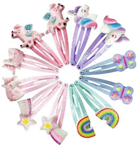 Wishstar 12 Stück Haarspangen Spangen Mädchen, Einhorn Haarspange, Haarreifen Mädchen Glitzer, Cartoon Clips Kinder, Niedliche Haarspangen für Mädchen Geburtstag, Haar Accessoire für Kinder