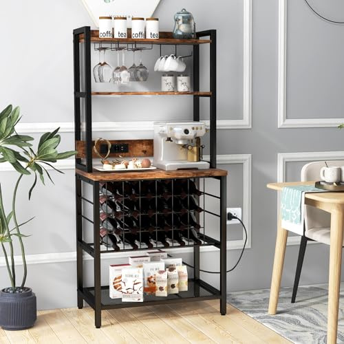 COSTWAY Küchenregal mit Steckdosen, Weinregal für 24 Flaschen, Glashalter, Arbeitsplatte, Standregal für Mikrowelle, Bäckerregal 5 Ablagen, für Küche Esszimmer, 76 x 48 x 163 cm, Vintagebraun
