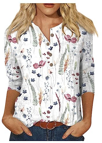 3/4 Sleeve Tops for Women UK Womens 3/4 Length Sleeve Tops Casual Summer Button Down Print Shirts Loose Fit Three Quarter Length Sleeve Blouses 02-White L