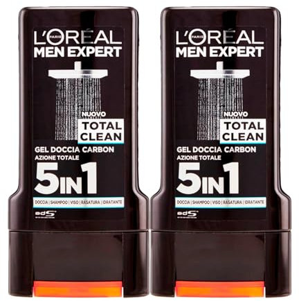 L'Oréal Paris Men Expert Total Clean Duschgel für Herren, 5-in-1, Carbon, sofortige Wirkung, feuchtigkeitsspendend für Körper, Gesicht, Haare, Rasur, Reinigungsformel mit pflanzlicher Holzkohle – 2