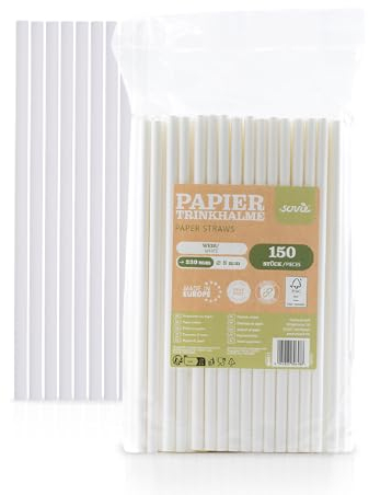 Sovie Lot de 150 pailles en papier blanc - Sans plastique - Certifiées FSC, fabriquées en Europe - Biodégradables - Diamètre 8 mm - Longueur : 23 cm