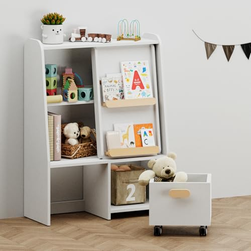 BanaSuper Kids Bookshelf with Toy Organiser, Toddler Bookcase with Drawer, Montessori Movable Toy Storage Unit, Child Book Display Cabinet with Storage Box, Kids Shelves for Kids Playroom, Bedroom