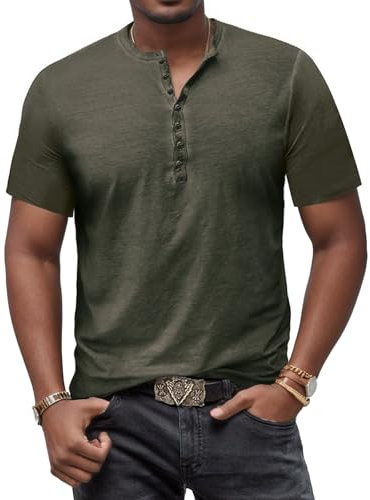YawYews Mens Henley T-Shirts Short Sleeve T Shirts Cotton Casual Vintage Summer Button Fashion Tops for Men Green M