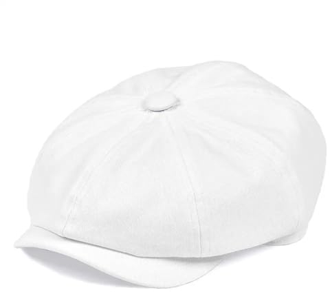 YUECIBAI Barett Baskenmützen Für Herren Weiße Twill Cotton Newsboy Mütze Für Männer Klassische Taxifahrer Kappen Flach Mütze Junge 61Cm Weiß