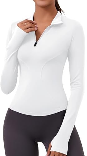 Rapbin Sport Oberteil Damen Gym Sport Top Langarm Shirts Leicht Fitness Oberteil mit Reißverschluss und Daumenloch Weiß M