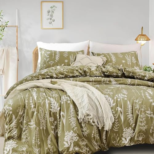 Freyamy Blumen Bettwäsche 220x240cm 3teilig Grün Olivgrün Weiß Floral Elegante Bettwaren-Sets 100% Microfaser Weiche Mädchen Bettbezug mit Reißverschluss und 2 Kissenbezug 80x80cm