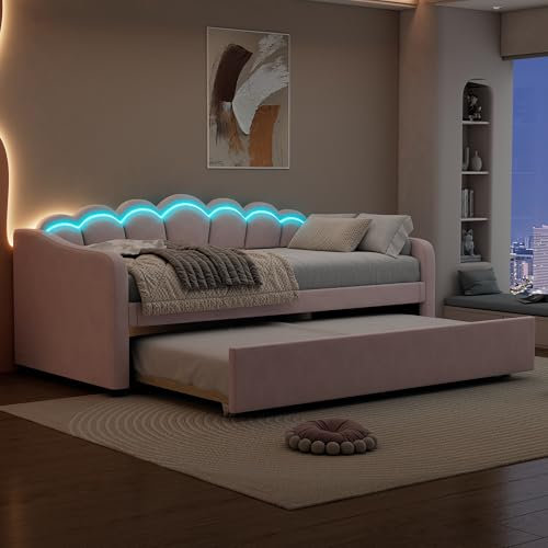 Polsterbett mit Ausziehbett 90x200 cm(90x190 cm), Schlafsofa Tagesbett mit LED Beleuchtung und Lattenrost, Gästebett Daybett Kinderbett Sofabett Jugendbett Bettgestell, Samt, Ohne Matratze, Rosa