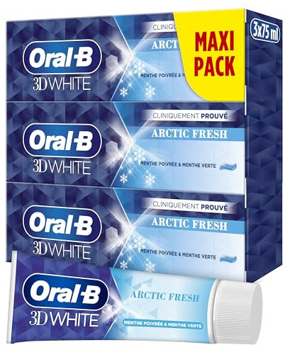 Oral-B 3D White Arctic Fresh Dentifrice Éliminant Des Taches Pour Des Dents Plus Blanches Dès Le Premier Brossage, Doux Pour L’Émail, Arôme Menthe Poivrée Et Menthe Verte, Lot De 3 x 75ml