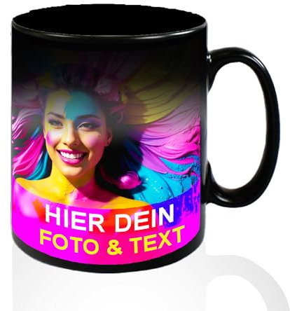 Kiwistar - Zaubertasse schwarz - innen schwarz - mit Foto und Text - individuell personalisiert mit Foto und Wunschtext - Farbwechseltasse - 325ml - Geschenk für Mann und Frau selbst gestalten