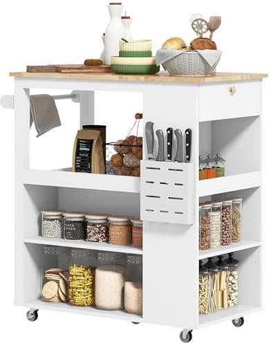 HOMCOM Desserte îlot de Cuisine, desserte à roulettes, avec Plateau en Bois d'hévéa, 4 étagères réglables, Multi-rangements, Porte-Couteaux, Chariot de Cuisine sur roulettes, Porte-Serviettes, Blanc