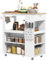 HOMCOM Desserte îlot de Cuisine, desserte à roulettes, avec Plateau en Bois d'hévéa, 4 étagères réglables, Multi-rangements, Porte-Couteaux, Chariot de Cuisine sur roulettes, Porte-Serviettes, Blanc