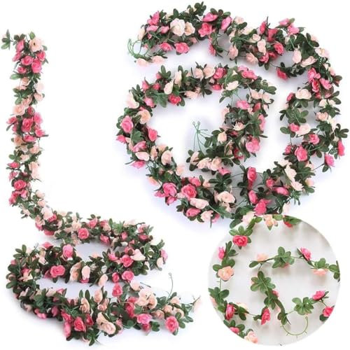 2 Pcs Artificial Flower Hanging Rose Garlands Fake Rose Vine Flowers Plants DIY Wreath for Garden Craft Art Decor Home Wedding Party 8.2ft/2.5m (Light powder and Deep powder)