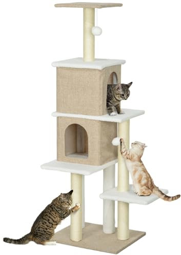 PawHut Árbol Rascador para Gatos de Borreguito - Altura 140 cm con 2 Nidos, Plataformas, Bolas Colgantes y Poste de Sisal Marrón Claro
