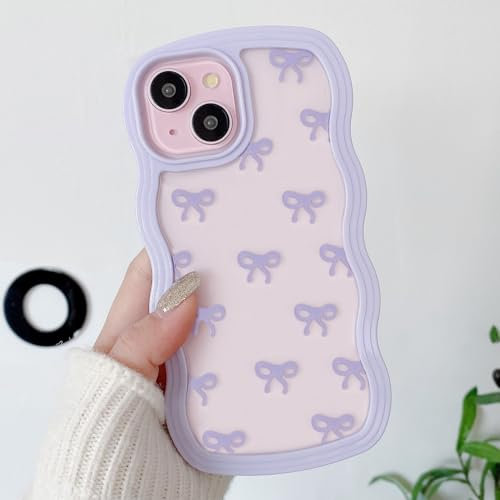 QLTYPRI Bow Case for iPhone 14 Plus/iPhone 15 Plus, Clear Cute Ribbon Bow Phone Case Curly Wavy Aesthetic Phone Case, Slim Soft Transparent Shockproof Protective Cover for Women Girls - Purple