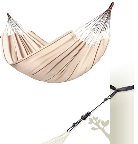 LA SIESTA® Modesta Bio-Baumwoll Hängematte & Baum- & Pfosten-Befestigung, Gurten für Baumen Balken Pfosten - Indoor Outdoor Hängematte für Garten Balkon - Doppel Hängematte für 2 Personen, Nougat