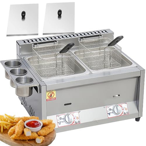 Friteuse à Gaz Professionnelle, Friteuse à gaz de grande capacité avec bac d'assaisonnement et paniers de friture, pour Famille Restaurant Commercial Frites,8L*2