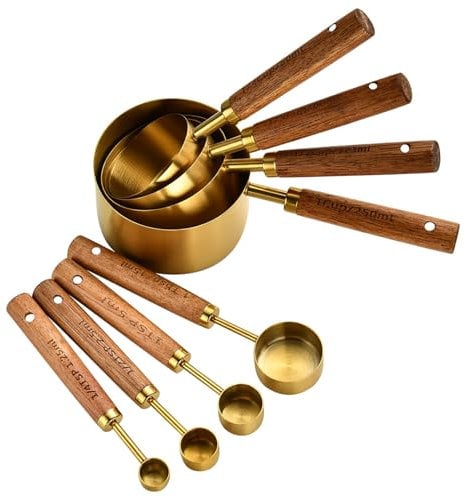 Stainless Steel Measuring Cups and Spoons Set, 8PCS Gold Measuring Cups and Spoons with Wooden Handle, Measuring Spoons with Scale, Measuring Cups for Cooking and Baking, Measuring Cups and Spoons,