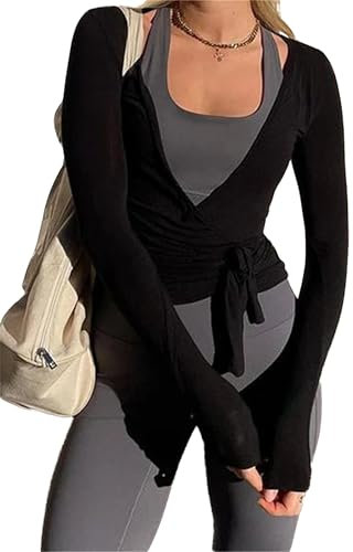 Frauen Y2k Ballett Wrap Top Langarm Tiefer V-Ausschnitt Slim Fit Yoga Pilates Ballet Workout Tops Frühling Kleidung (A-Black, M)