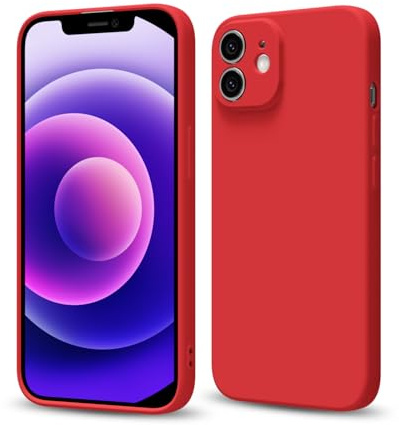 Svaove for iPhone 12 Mini Phone Case Liquid Silicone, Thin Ultra Slim Minimalist Phone Cover, Girly Cute Plain Bright Solid Color Matte Soft Rubber Jelly Gel Plastic TPU Bumper, Red