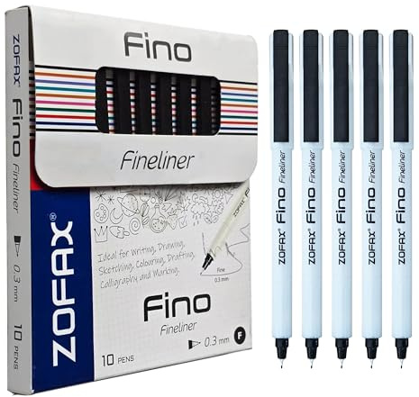 ZOFAX Fino Fineliner Pens, BLACK, Extra Fine Point (0.3mm), Pack of 10, Precise Write Sketch Draw Colour, Ideal for Artists Architects Technical Drawing Calligraphy, Ergonomic Design, Comfort Grip