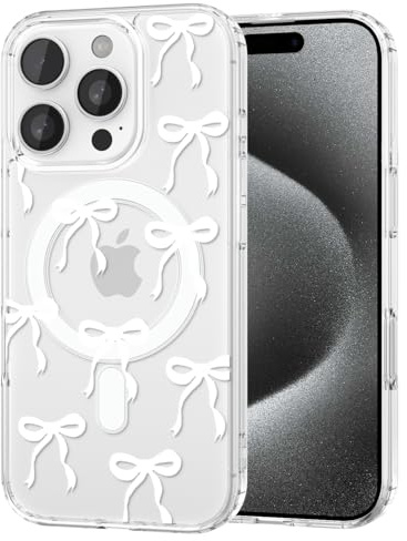 TVVTPU Magnetisch Hülle für iPhone 15 Pro Kompatibel mit MagSafe, Aesthetic Schleifen Muster Handyhülle Nie Vergilbung Dünne Transparent Hard PC Rückseite Stoßfest Kratzfest Schutzhülle Case, Weiß