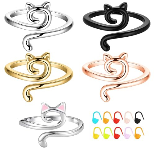 HMCEY 5 Piezas Anillos de Ganchillo Gatos,Anillo Metal de Tension Crochet,Anillos para Tejer Crochet Ajustables,Suministros de Punto y Ganchillo para Manualidades, Joyería, Artesanía - 5 colores
