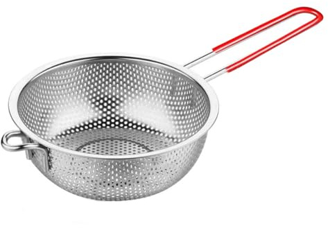 Stainless Steel Colander, Perforated Strainer with Long Handles, Silicone Grip, Metal Sieve Rice Washer Strainer Bowl for for Pasta, Rice, Fruits, Vegetables, Kitchen Essential Tool (25CM)
