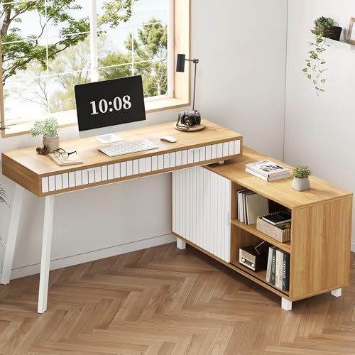 BTM Eckschreibtisch mit Stauraum L Form Schreibtisch mit Schubladen und Schrank, Computertisch Bürotisch Naturfarbe + Weiß