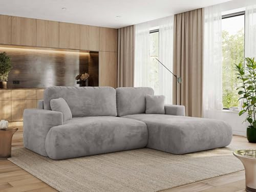 MKS MEBLE Ecksofa Wohnlandschaft L-Form mit Schlaffunktion und Bettwäscheschrank, Schlafsofa mit Bettkasten, modernes Sofa OVO L - Rechts - Hellgrau Plüsch