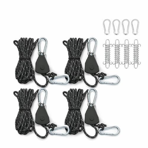 Tenditore Corda a Cricchetto Set 4 Pezzi con Moschettoni e Molle | Nylon, moschettoni in acciaio e molle per camper; aggancia e tendi senza nodi per telone, tenda, campeggio e giardino