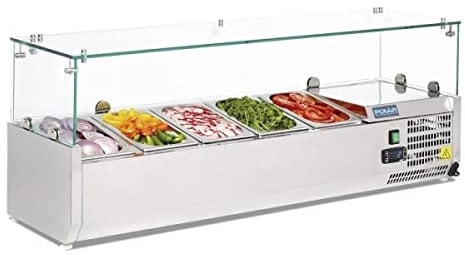 Polar G-Series Countertop Prep Fridge 5x 1/4 GN Stainless Steel G608 | Built-in glass surround protects hygiene, while efficient 150W cooling keeps salad and pizza toppings perfectly chilled.