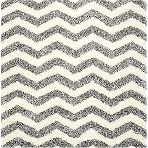 SAFAVIEH Montreal Shag Collection Area Rug - 6'7 Square, Ivory & Grey, Chevron Design, Non-Shedding & Easy Care, 2-inch Thick Ideal for High Traffic Areas in Living Room, Bedroom (SGM846B)