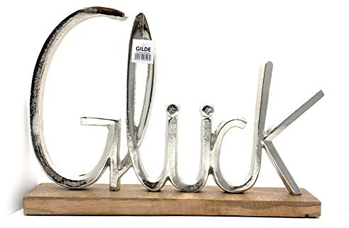 Moderner Schriftzug Aufsteller GLÜCK silber auf Mangoholz 41x5x29 cm