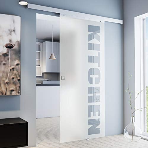 inova Schiebetür Glas 755x2035mm mit Kitchen Schriftzug Glastür Innentür Komplettset mit Laufschiene Quadratgriff + Softlcose