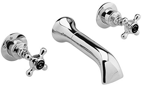 Hudson Reed Old London BC417HX Topaz | Traditional Bathroom 3 Hole Wall Mounted Basin Mixer Tap with Crosshead Handles and Hexagonal Collars, 55mm x 180mm, Chrome/Black, 3TH