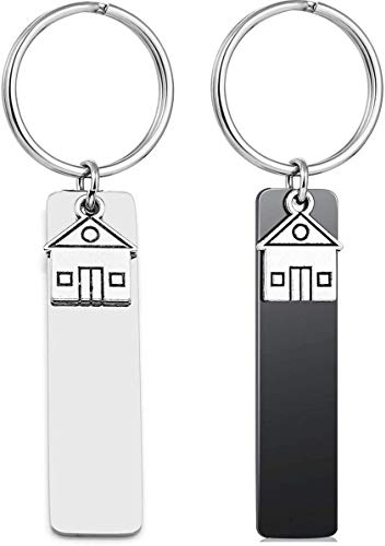Zysta Personalisiert Gravur- Edelstahl Schlüsselanhänger mit Gravur Memorial Glatt Rechteckig Haus Anhänger Familie Schlüsselbund Keychain Schlüsselring für Geschenk Souvenir (Set- Mit gravur)